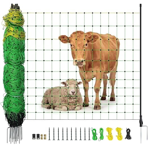 Electric Fence Netting, 47.2" H x 164' L, Portable Livestock Nets with 14 Posts Double Spiked for Hog, Dogs, Deer, Goats, Electric Fencing for Backyards, Homesteaders, Farms, Ranches, Gardens