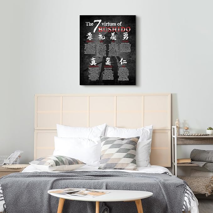 Japanese Samurai Wall Art 7 Virtues of Bushido Pictures Wall Decor Japanese Warrior Canvas Prints Poster Inspirational Framed Modern Painting Artwork Home Decorations for Bedroom Office Bathroom