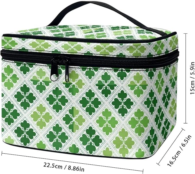 Travel Makeup Bags for Women Portable Tote Cosmetic Case with Carry Handle Toiletry Accessories Storage Organizer Bags for St. Ptrick's Day, Shamrock Grids Green