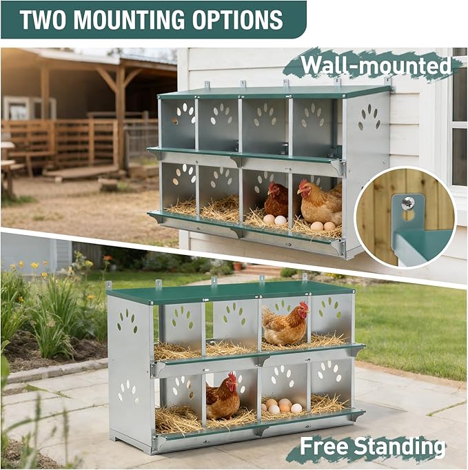 8 Compartment Metal Chicken Nesting Box, Roll Out Hen Laying Box for Easy Egg Collection, Wall Mount Poultry Nest Box for Backyard Chickens, Green, 42.72" L x 16.34" W x 26.38" H