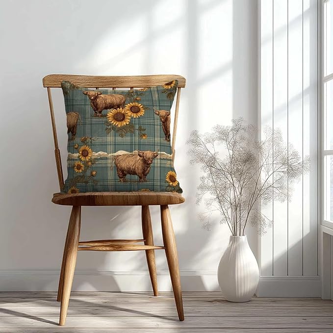 Highland Cow Sunflower Throw Pillow Covers 18x18 Inch, Set of 2 | Rustic Farm Animal Plaid Cushion Cases for Couch & Living Room | Country Farmhouse Home Decor Pillowcases