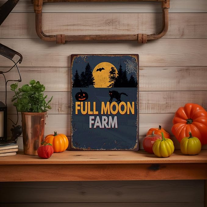 Rustic Farm Full Moon Metal Sign Vintage Style Halloween Wall Decor for Farmhouse Gift 12x8 Inches