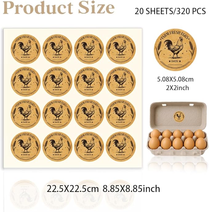 320 Pcs Farm Fresh Eggs Carton Labels, 2 Inch Round Kraft Paper Style Unwashed Eggs Labels Self-Adhesive Egg Packaging Stickers for Chicken Egg Box Container Farm Supplies