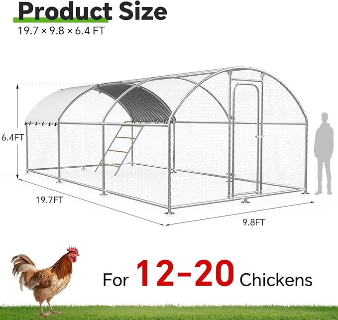 Chicken Coop with Roosting Perch, Large Metal Chicken Hen Run Poultry Cage with Water-Resident Cover for Rabbit Duck House Walk-in Chicken Pen for Yard, Dome Roof(10’ W x 19.7’ L x 6.4’ H)