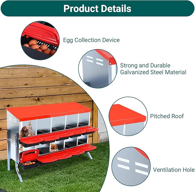 10 - Compartment Roll Away Chicken Nesting Box, Wall - Mount Laying Egg Box with Easy Egg Collection & Cleanable Pull - Out Trays, Hen Roosting Boxes for Efficient Egg Laying（Red）