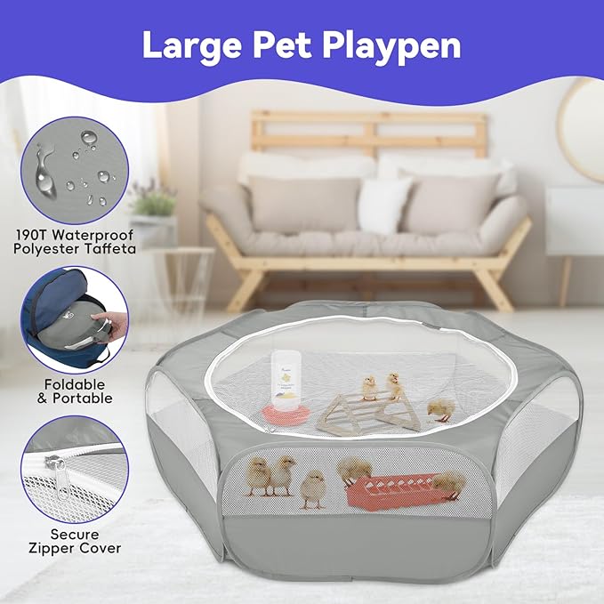 Pawaboo 5-in-1 Chicken Brooder Box for Chick Starter Kit, Includes Pet Cage Tent, Chicks Perch, Chicks Feeder, 1.1L Chick Waterer, Chicken Supplies (Brooder Set), Gray