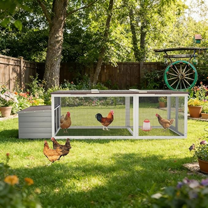 20.93ft² Large Wooden Chicken Coop Outdoor Hen House with Nesting Box & Weatherproof Asphalt Roof, Walk-in Poultry Cage with Secure Locks, Metal Mesh Run for Backyard Farm Use