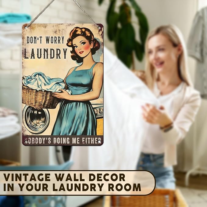 PEACHGARDEN Funny Laundry Room Decor - Vintage Metal Sign for Wall Decor - 8x12 Tin Sign for Bathroom, Mudroom, & Drying Zone - Witty Home Decor Gift for Women & Moms