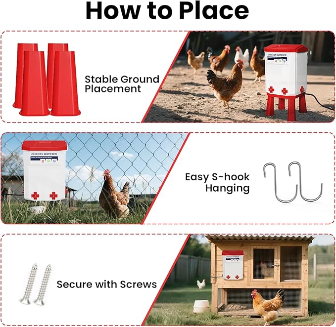 3.2 Gallon Heated Chicken Waterer with 4 Nipple Drinkers - Adjustable Height, BPA-Free, Freeze-Proof, 110V Electric, Suitable for Chickens, Ducks, Geese & Quails,12L (1 pc)