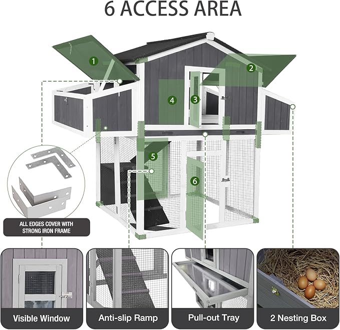 Large Chicken Coop for 6-8 Chickens, Double Folding Wooden Chicken House with 2 Nesting Boxes, Reinforced Iron Frame, Pull-Out Tray & Waterproof Roof, Outdoor Poultry Cage-(Black)