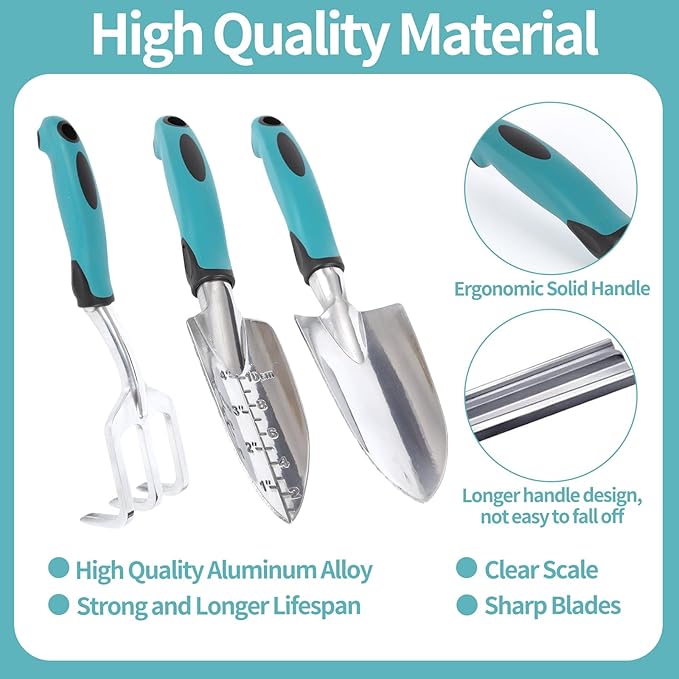 Garden Tools, Gardening Tool Set with Non-Slip Handles, Lightweight Aluminum Alloy Rust-Proof Gardening Hand Tools with Gloves Ideal Gardening Tools Gifts for Women and Men