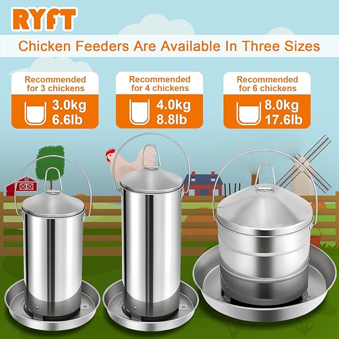 RYFT 8.8 lb Chicken Feeder, Stainless Gravity-Fed No Waste Poultry Feed, Weatherproof Construction with Handle for Chicken Coops, Duck Farms, and Goose Farms