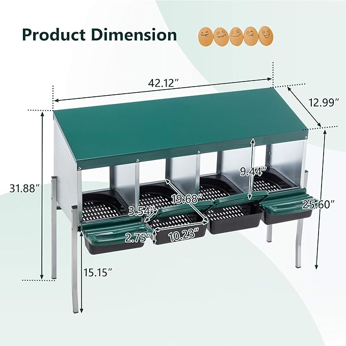 Chicken Nesting Box, 4 Compartment Roll Out Hens Nest Boxes with 4 Legs, Chicken Laying Box w/Lid Cover for Outdoor Chicken Coop Cages Farm Yard, Green (4 Holes w/Legs)
