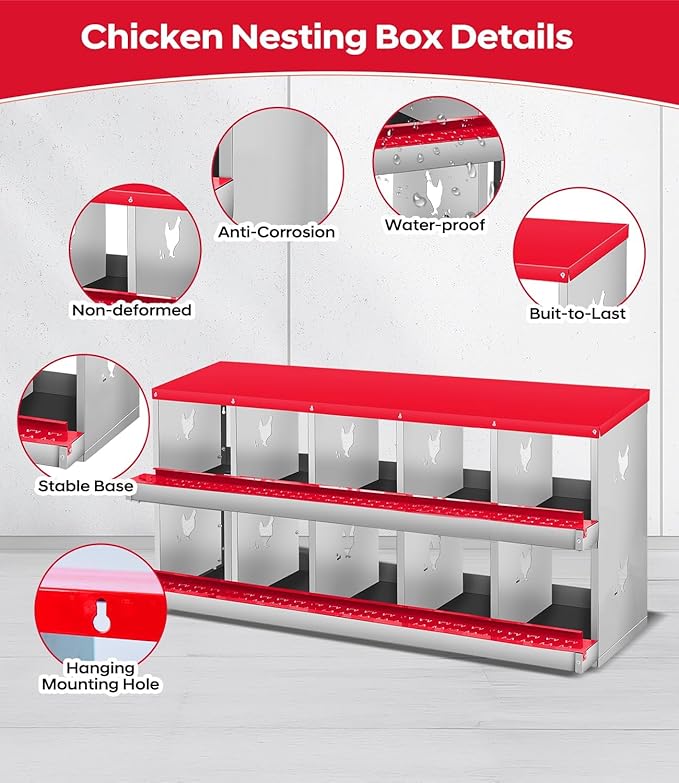 Chicken Nesting Box, 6/8/10 Compartment Metal Nesting Box,Wall Mount Chicken Nesting Boxes for Laying Eggs,Easy Egg Collection,6 Room Nest Boxes for Chickens
