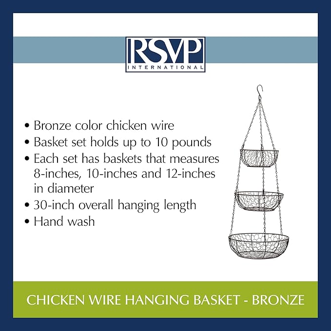 RSVP International Hanging Storage Collection 3-Tier Baskets, Bronze Chicken Wire (Pack of 3)