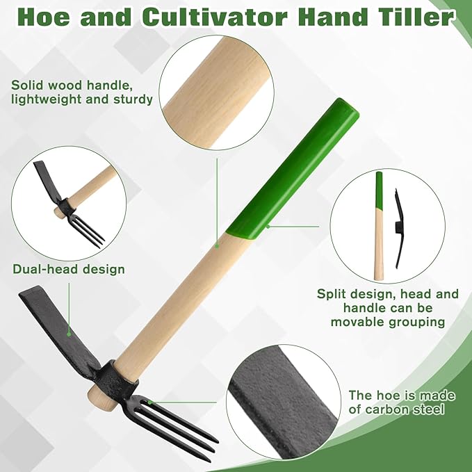 SPEEDWOX Hoe and Cultivator Hand Tiller Hoe Cultivator 2 in 1 Hand Garden Tools with Wooden Handle Sturdy 3 Claw Tiller Carbon Steel Heavy Duty for Loosening Soil, Weeding, Cultivating and Digging