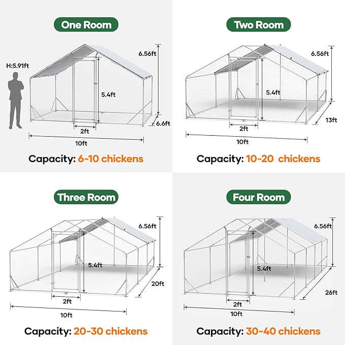 Large Metal Chicken Coop 10X6.7X6.56FT Metal Chicken Run Lockable Door for Outdoor Farm Use with Waterproof and Anti-UV Cover for Rabbit Duck Hen for 6-10 Walk-in Duck Coop Run Heavy Duty Backyard