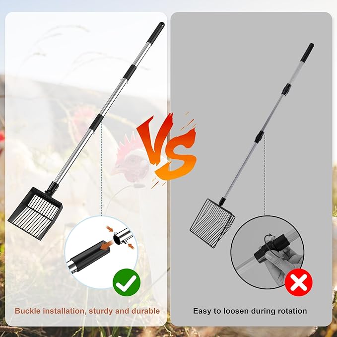 Metal Chicken Poop Scooper Heavy Duty Sifting Shovel Chicken Accessories Cleaning Tools Adjustable to 41.3" Long Handle Poop Shovel for Poultry Litter Scooper Supplies