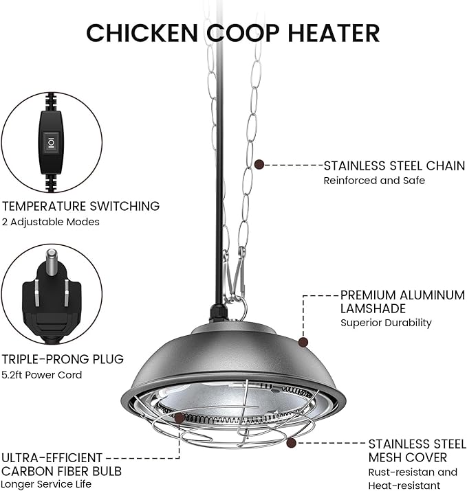 350 Watt Heat Lamp for Chickens - Chtoocy Chicken Coop Heater with Carbon Fiber Bulb, 5.2FT Thickened Power Cord & Chicken Heat Lamp with 2 Temperature Adjustable (175/350W) for Chicks, Ducks and Pets