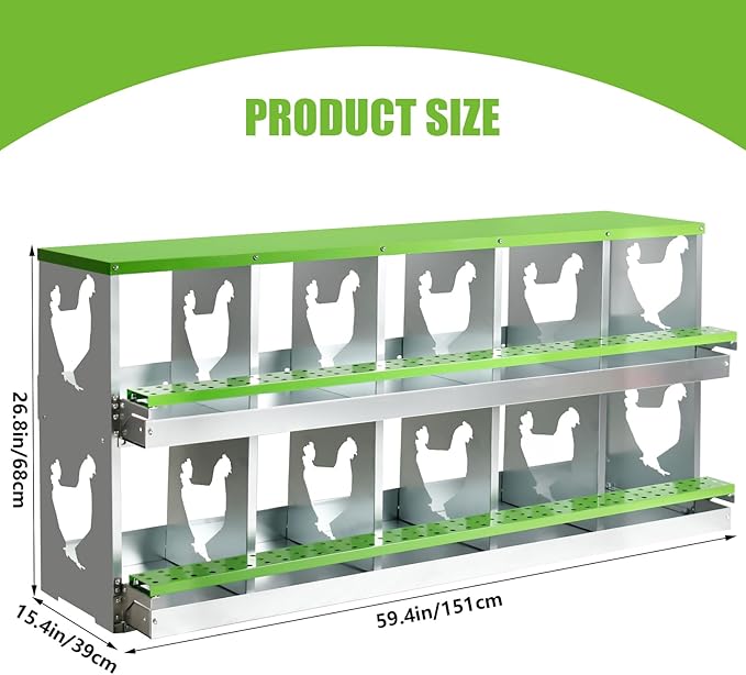 Chicken Nesting Box for Laying Eggs,10 Hole Roll Away Nesting Boxes,Chicken Laying Boxes with Large Vented Holes,Wall-Mountable Chicken Coop Nesting Boxes,Metal Laying Boxes for Hens,Ducks(Green)