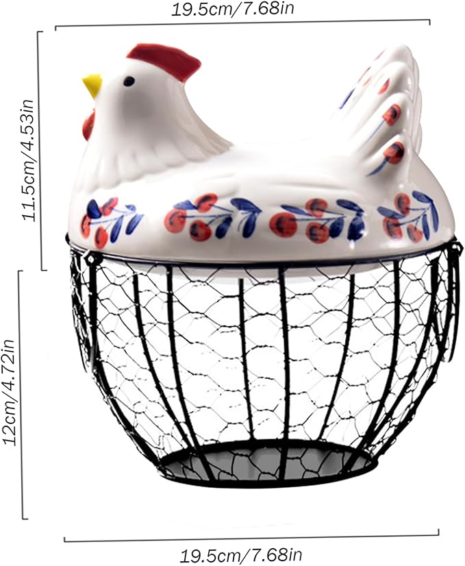 Gcroet Ceramic Egg Holder, Hollow-Out Wire Chicken Egg Holder with Chicken Shaped Lid, Non Slip Basket Countertop with Handle for Gathering Fresh Eggs...