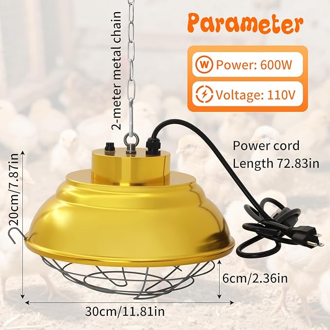 Chicken Coop Heater with Carbon Fiber Bulb, 600W Heat Lamp for Chickens Brooder, Chicken Heater Lamp with Adjustable 2-Mode Temperature & Hanging Height for Chick,Puppy,Cat,Goat,Piglet (600, Watts)