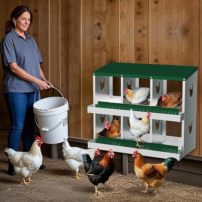 Chicken Nesting Box, Heavy-Duty Metal Chickens Laying Boxes with 6 Compartments, Large Vented Holes Hens Laying Box, Chicken Coop with Rollout Egg Collection, Wall Mount - Green