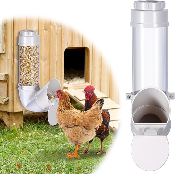 Automatic Chicken Feeder No Waste,6lb Capacity Large PVC Poultry Gravity Feeder with Lid and Visual Tube,Poultry Hanging Chicken Coop Feeder Port for Quails,Ducks,Turkeys,Geese