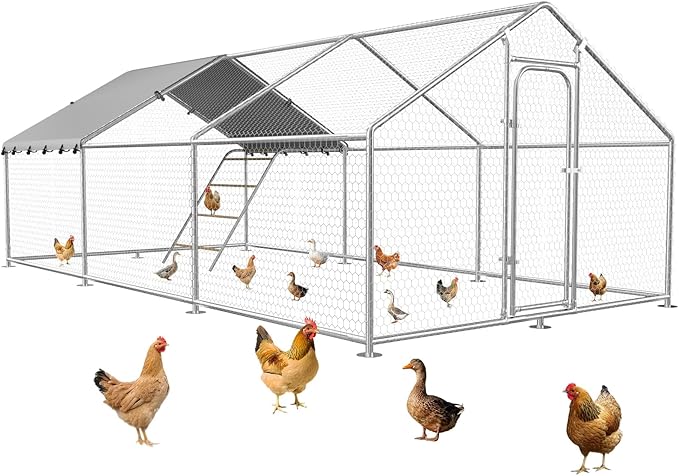 Large Metal Chicken Coop with Waterproof and UV-Resistant Cover,Chicken Run Outdoor Walk-in Cage Rabbit Duck Hen House for Yard Farm Use Spire Roof(10' L x 14.8' W x 6.4' H)