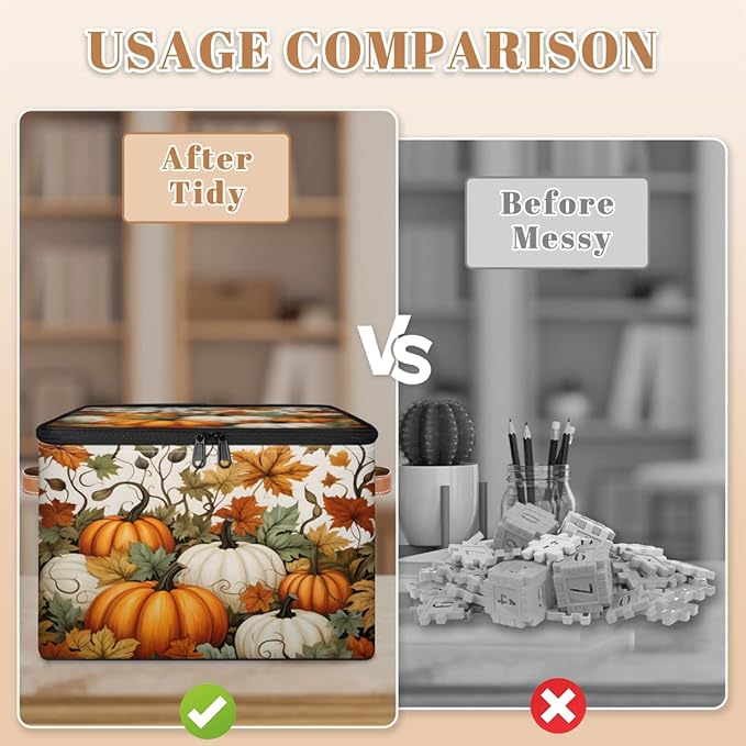 Fall Pumpkin Storage Bins with Lids, Maple Leaf Fabric Storage Boxes with Zipper, Collapsible Decorative Closet Organizer Cube for Clothes,Organizing, Shelves