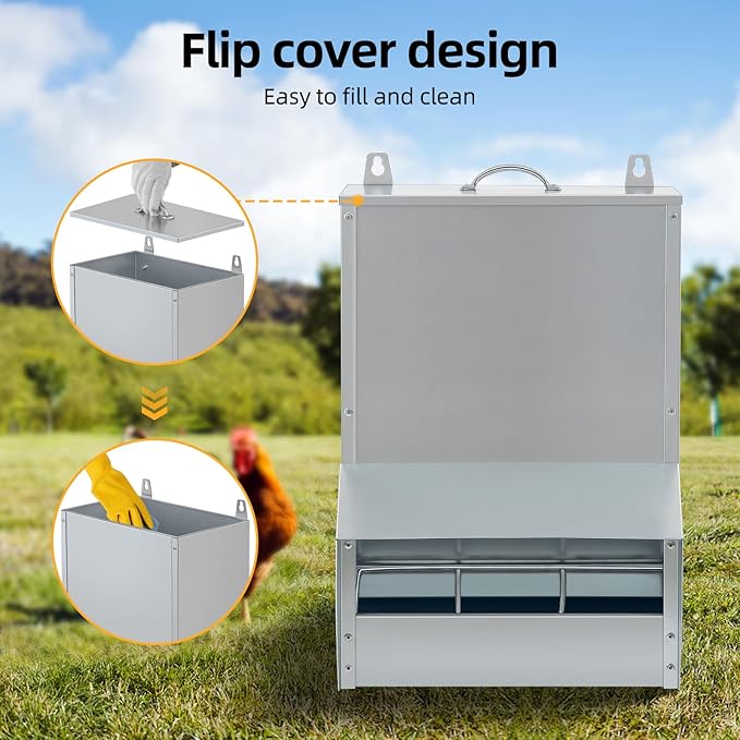 Galvanized Chicken Feeder Outdoor Poultry Feeder w/Lid Weatherproof,Easy refilling and Cleaning.NO Mess! NO Waste! (30LB Capacity)