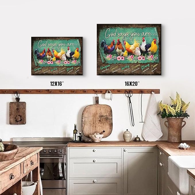 Rooster Kitchen Decor Wall Art Farmhouse Chicken Pictures Wall Decor for Kitchen Rustic Country God Says You Are Canvas Prints Framed Artwork Home Decorations For Bathroom Dinning Room 16"X20"