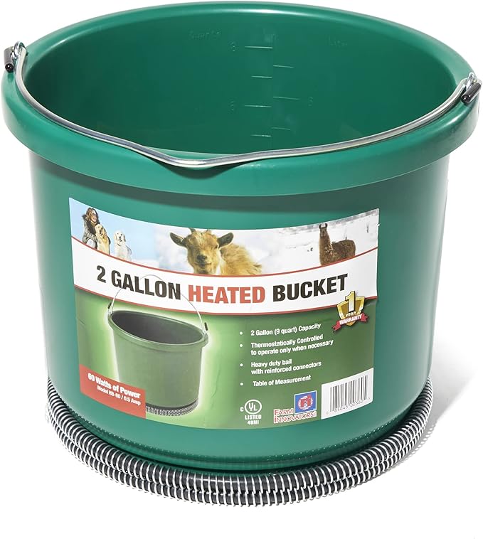 Farm Innovators HB-60 9 Quart 2 Gallon Plastic Heated Bucket w/Metal Handle, Built in Thermostat, & Anti Chew Cord Protector, 60 Watt, Green (2 Pack)