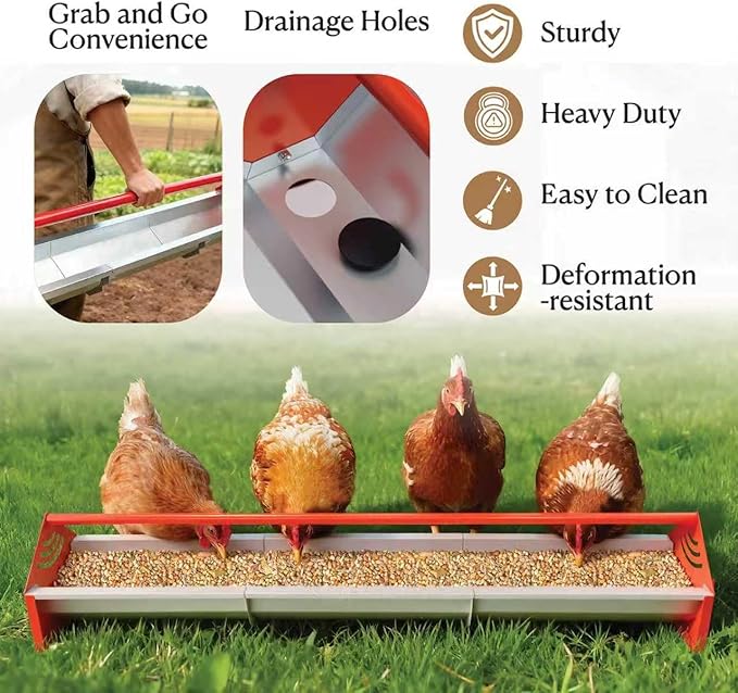 47" Chicken Trough Feeder - Galvanized Steel Feed Trough with Drainage Holes & Red Crossbar for Chicken, Duck, Turkey | Heavy Duty, Rust-Proof & Easy-Clean Design
