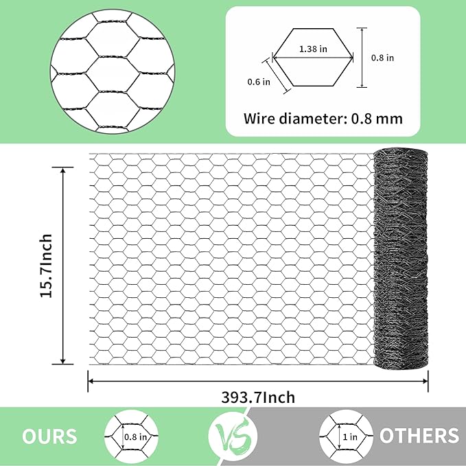 Chicken Wire 15.7 in x 393.7 in Poultry Wire Netting Hexagonal Galvanized Mesh Garden Fence Barrier for Pet Rabbit Chicken Fencing with 100 Pcs Cable Zip Ties(PVC-Coated)