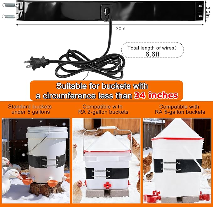 Thermo Bucket Belt Heated Strap Compatible with RentACoop 2-5Gallon Chicken Waterer,Auto-Thermostatic Chicken Water Heating Wrap with 6.6ft Power Cord,Keep Poultry Water from Freezing in Winter