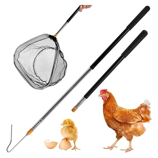 4 Pcs Poultry Catcher Kit, Stainless Steel Chicken Grabber Pole & Net for Birds with Alloy Handle Fishing