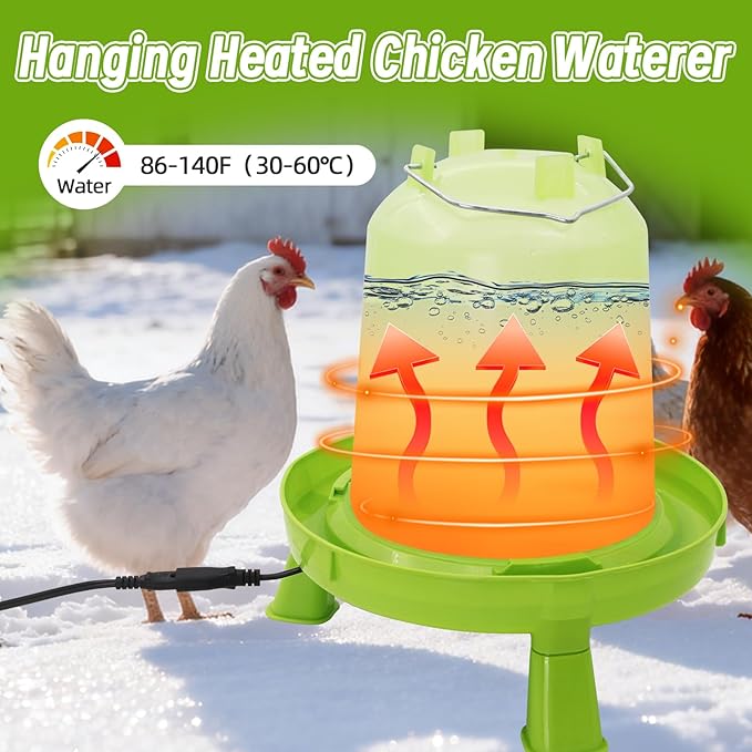 Heated Chicken Waterer 6L Thermostatically Controlled Poultry Water Heater with Overheating Protection, Galvanized Steel Handle Automatic Heated Poultry Drinker for Coop Chickens, Ducks, Geese (Green)
