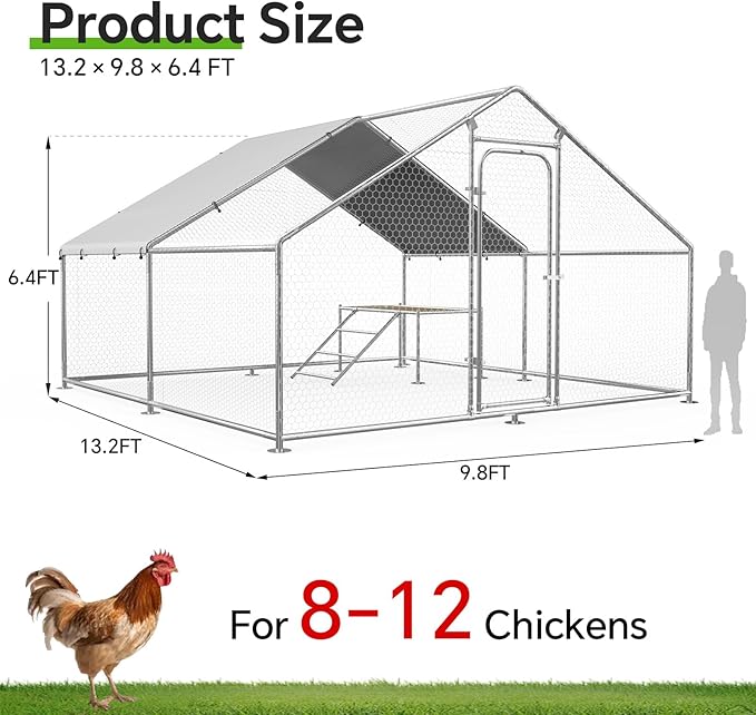 Large Metal Chicken Coop with Roosting Ladder, UV-Resistant and Waterproof Cover, Outdoor Walk-in Cage Hen House for Yard Farm Rabbit Duck Chicken Run, Spire Roof (13.1'W x 9.8'L x 6.4'H)