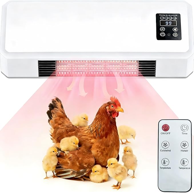 1500W Chicken Coop Heater for Winter, Wall-mounted poultry heater, 5S Fast Heating with Adjustable Temperature (77~99℉), Safe Warm Stove for Chickens, Ducks & Small Pets