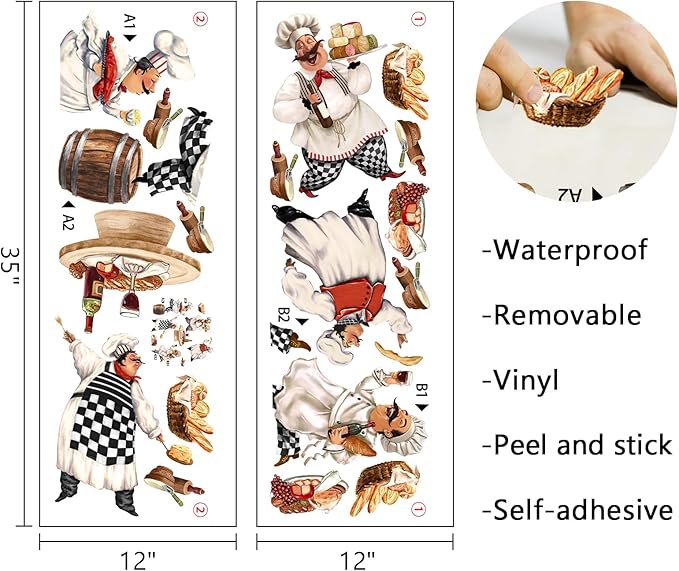 Mfault Italian Fat Chefs Wall Decals Stickers, Funny Cooker Baker Food Cooking Decorations Kitchen Art, Home Dining Room Restaurant Decor