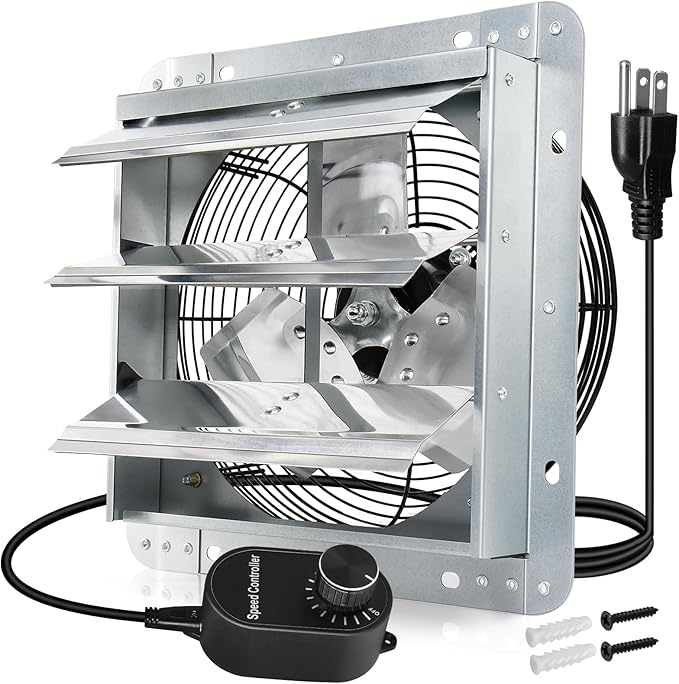 Hiorucet 14 Inch Shutter Exhaust Fan Wall Mounted, High Performance Low Noise Garage Louvered Exhaust Fan with Speed Controller and Power Cord Kit for Greenhouse, Shop, Attics, Chicken Coop, Basement.