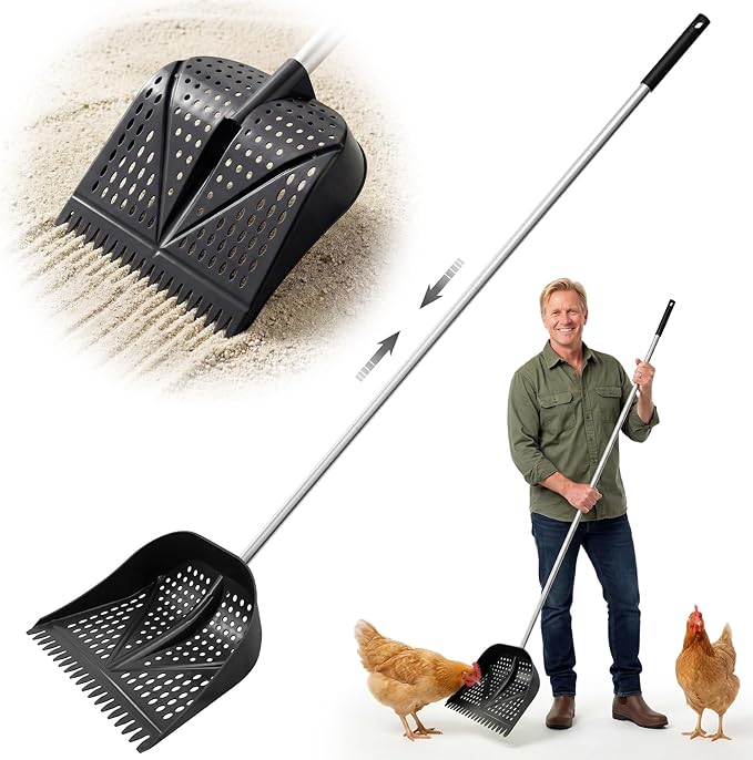Heavy-Duty Yet Lightweight Chicken Poop Scooper & Rake 2-in-1, Adjustable Handle Length from 38" to 66", Features Manure Sifting Capability – Ideal for Chicken Coops and Farm Animal Cleaning (Black)