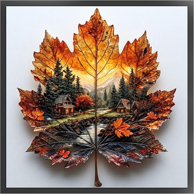 Maple Leaf Forest Cabin Stamped Cross Stitch Kits for Adults Beginners - 45x45cm 11CT Pre-Printed Embroidery Needlepoint Starter Kit, DIY Craft Perfect for Christmas Gift Home