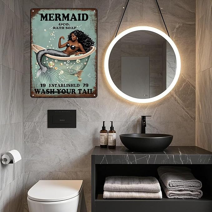 Funny Mermaid Company Bath Soap Metal Signs Wash Your Tail Sign Vintage Tin Sign Wall Decor Retro Tin Signs for Room Living Room Bathroom Toilet Hotel 12x16 Inch