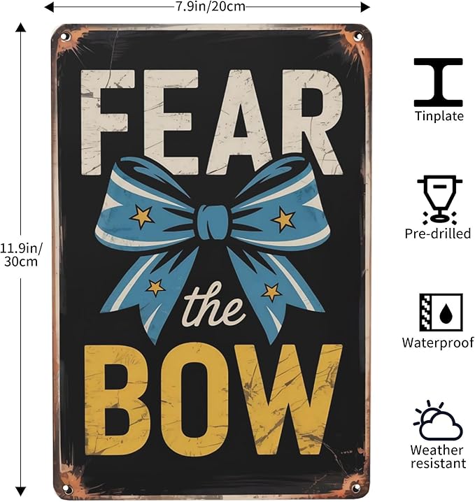 Retro humor wall art sign featuring Cheerleading Cheer Fear The Bow Metal Tin Sign School Gym Decor Perfect For Hanging In Bedroom Locker Room Rustic 8x12 inch metal sign for home bar wall decor
