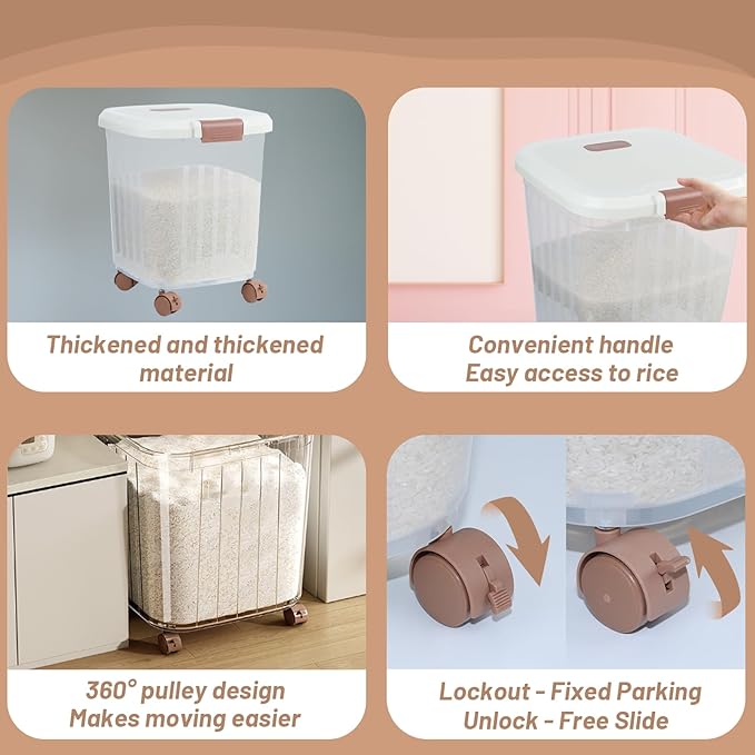 RUIAN 2PCS Airtight Food Storage Bin with Wheels BPA-Free, Lockable&Clear Pantry Organizer for Rice, Flour, Grains & Pet Food,Removable Wheels(22LBS and 33LBS)