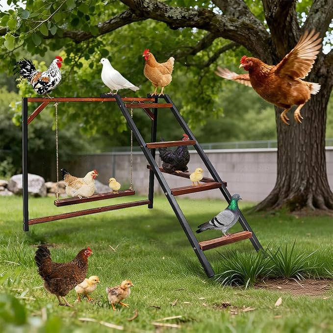 Chicken Perch Swing, Chicken Roosting Bars with Ladder for Coop, Metal Pet Swing Set for Pet's Healthy & Happy for 8-10 Chick (Walnut 1)
