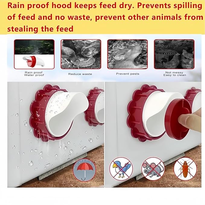 Chicken Feeders No Waste, DIY Automatic Poultry Feeder 6 Ports 1 Hole Saw with Covers Gravity Feed Kit for Buckets Barrels Bins Troughs (Red, 6)