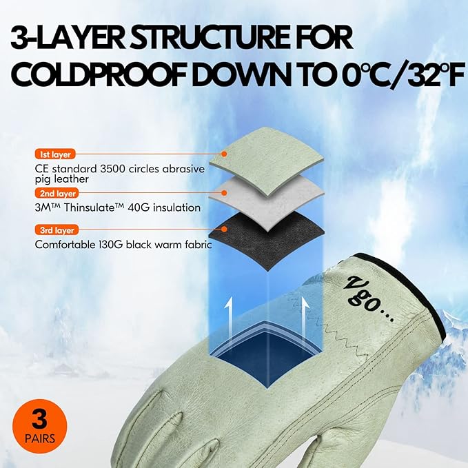 Vgo... 3 Pairs 32℉ Lined Pigskin Leather Work and Driver Gloves, For Heavy Duty, Truck Driving, Warehouse, Gardening, Farm (Size M, Cream, PA9501F)
